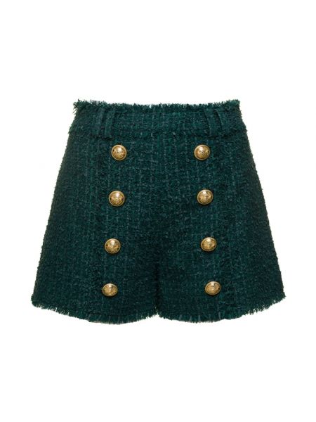 Spodnie na guziki z wysoką talią tweedowe Balmain zielone