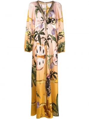 Seiden kleid mit print mit tropischem muster Camilla gelb