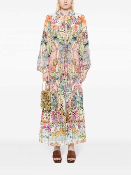 Květinové hedvábné dlouhé šaty s potiskem Camilla béžové