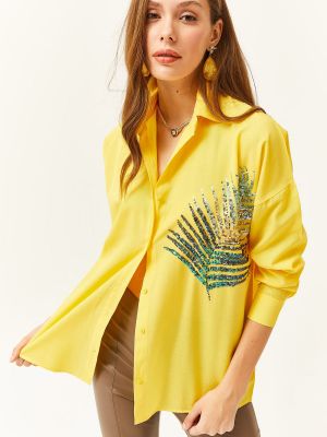 Koszula z cekinami oversize pleciona Olalook żółta