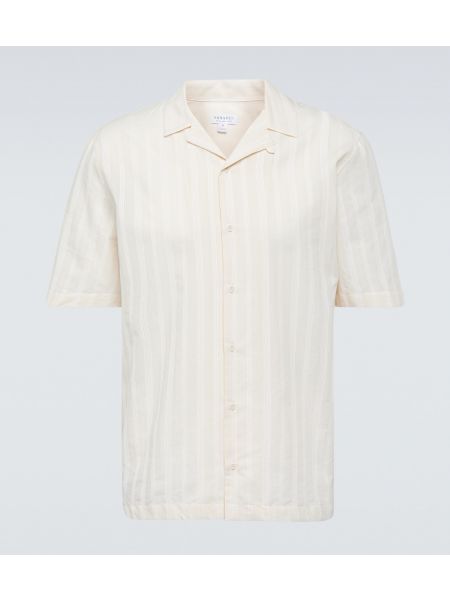 Хлопковая рубашка с вышивкой в полоску Sunspel бежевая