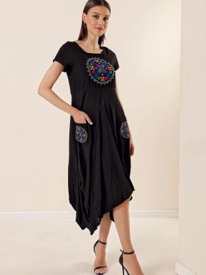 Rochie de seară cu mâneci scurte cu imprimeu geometric cu buzunare By Saygı negru