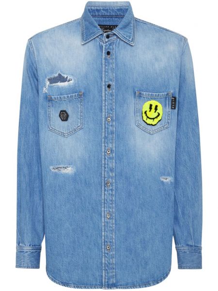 Roztrhaná rifľová košeľa Philipp Plein modrá