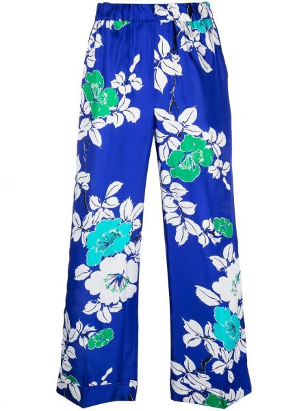 Květinové hedvábné kalhoty s potiskem P.a.r.o.s.h. modré