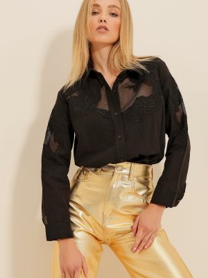 Pletená tylová košeľa s výšivkou Trend Alaçatı Stili čierna