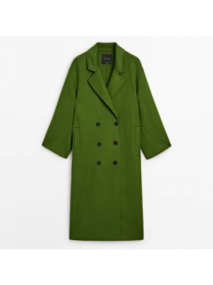Шерстяное длинное пальто Massimo Dutti зеленое