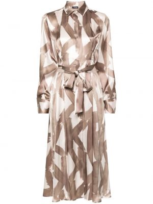Hedvábné midi šaty s potiskem s abstraktním vzorem Kiton hnědé