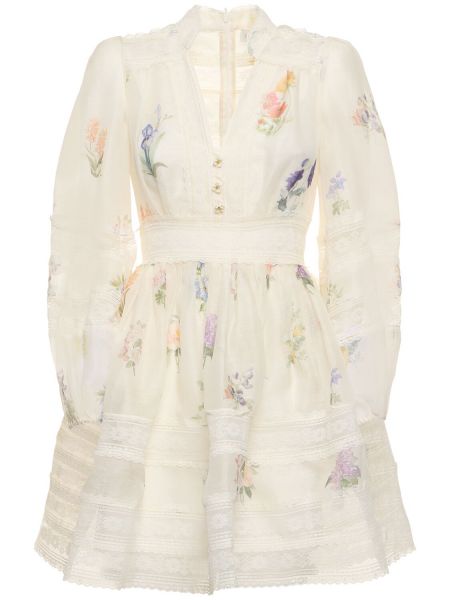 Mini-abito di lino di seta con scollo a v Zimmermann bianco