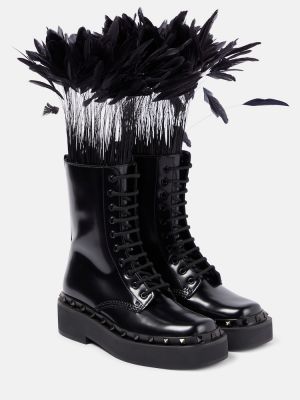 Botas de cuero con plumas de plumas Valentino Garavani negro