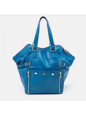 Shopperka skórzana Yves Saint Laurent Vintage niebieska