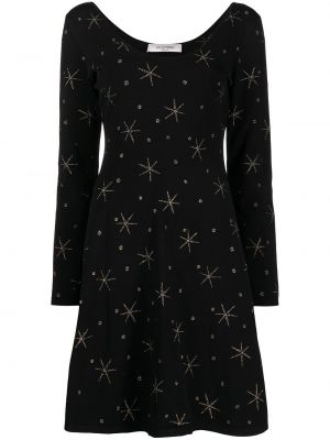 Viskózové pletené šaty s potiskem s dlouhými rukávy Valentino Pre-owned - černá