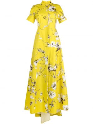 Jedwabna sukienka wieczorowa w kwiatki z nadrukiem Erdem żółta