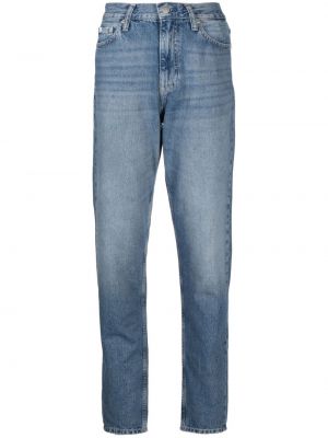 Puuvillased kõrge vöökohaga boyfriend teksapüksid Calvin Klein Jeans sinine