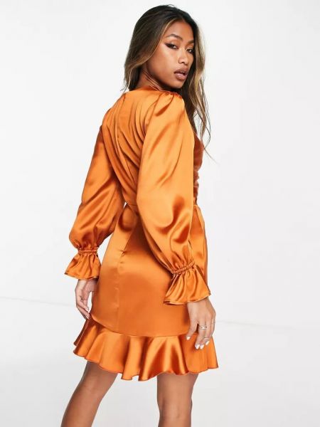 Атласное платье мини с рюшами Flounce London оранжевое