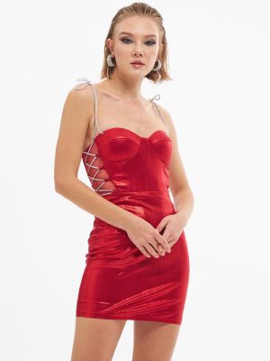 Nėriniuotas megztas vakarinė suknelė su raišteliais Carmen raudona