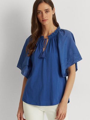 Хлопковая блузка с v-образным вырезом Lauren Ralph Lauren синяя
