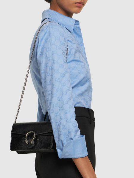 Δερμάτινη τσάντα ώμου από λουστρίνι Gucci μαύρο