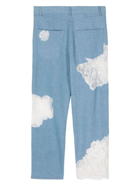Proste jeansy bawełniane w kwiatki koronkowe Collina Strada niebieskie