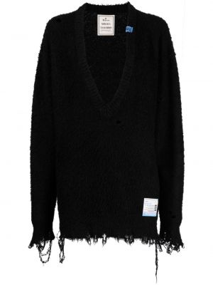 Sweter z przetarciami z dekoltem w serek Maison Mihara Yasuhiro czarny