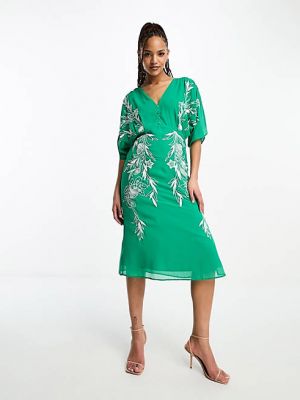 Платье миди с вышивкой с глубоким декольте Hope And Ivy зеленое