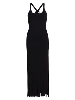 Черное шерстяное длинное платье с бахромой из шерсти мериноса Michael Kors Collection