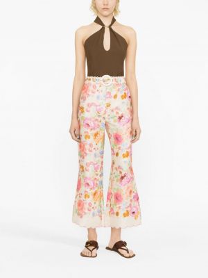 Květinové lněné kalhoty s potiskem Zimmermann růžové