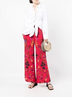 Květinové hedvábné rovné kalhoty s potiskem Camilla červené