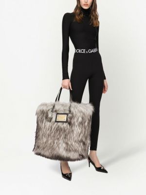 Kožená shopper kabelka s kožíškem Dolce & Gabbana šedá