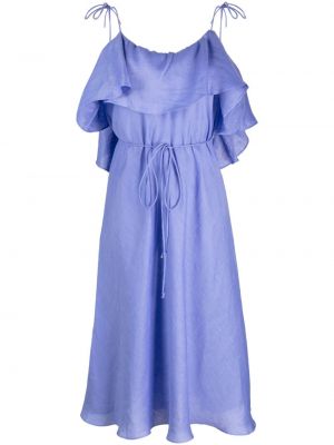 Lniana sukienka midi z falbankami Pnk niebieska
