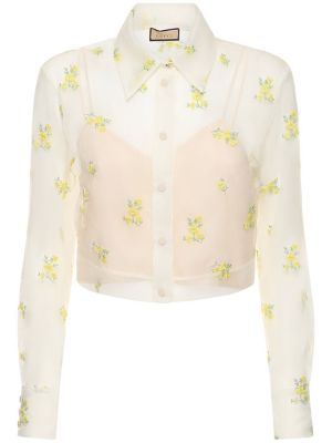 Biała jedwabna haftowana koszula Gucci