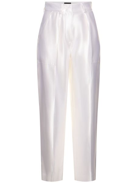 Svilene lanene ravne hlače z visokim pasom Giorgio Armani bela