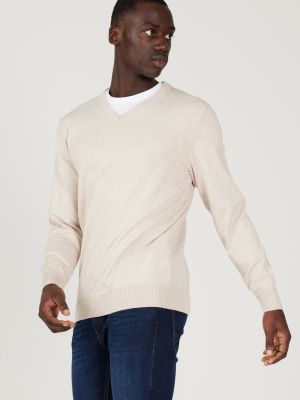 Priliehavý sveter s výstrihom do v so slieňovým vzorom Altinyildiz Classics béžová