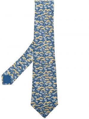 Modrá hedvábná kravata s potiskem Hermès