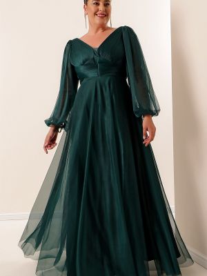 Макси рокля с v-образно деколте от тюл с буфан ръкави By Saygı зелено