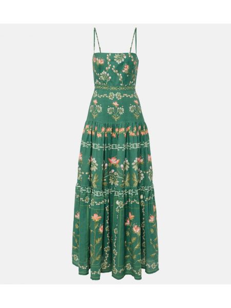 Květinové lněné dlouhé šaty Agua By Agua Bendita zelené
