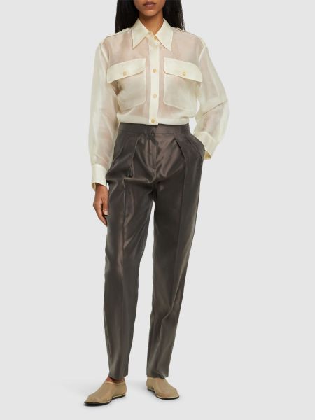 Plisované hedvábné rovné kalhoty s vysokým pasem Giorgio Armani hnědé