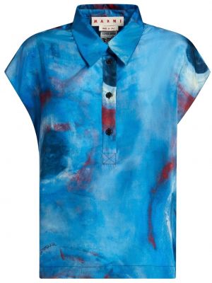 Копринена поло тениска с принт с абстрактен десен Marni синьо