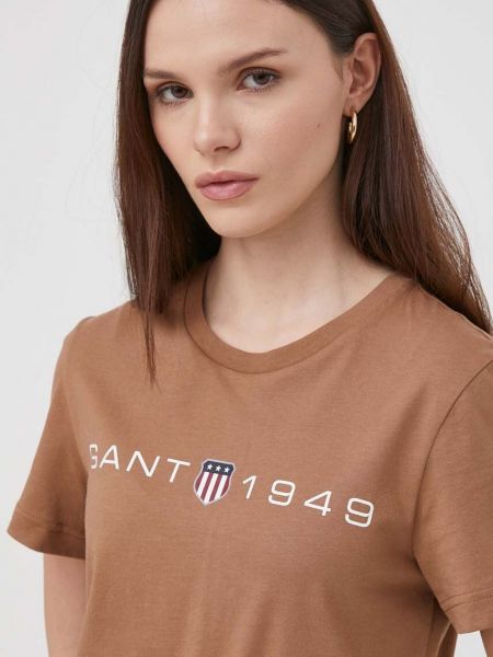 Koszulka bawełniana Gant brązowa