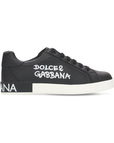 Шкіряні кросівки на шнурівці з принтом Dolce & Gabbana, чорні