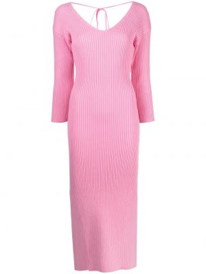 Pletené šaty z nylonu s výstřihem do v s dlouhými rukávy Olivia Rubin - růžová