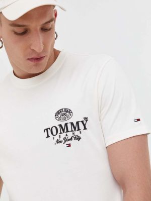 Bavlněné tričko s aplikacemi Tommy Jeans béžové