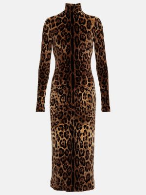 Žakárové leopardí dlouhé šaty s potiskem Dolce&gabbana hnědé