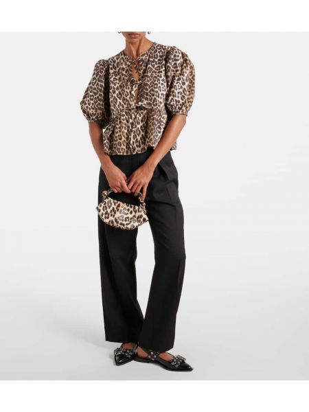 Pamučna bluza s printom s leopard uzorkom Ganni smeđa