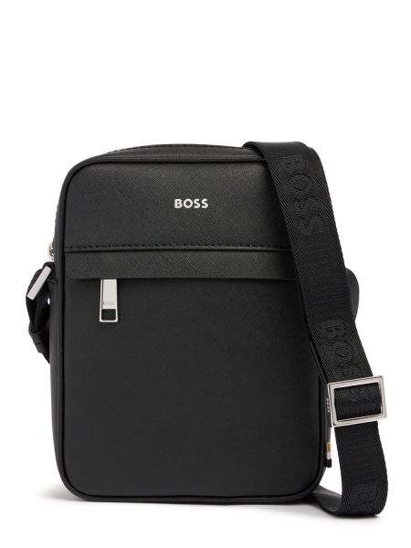 Crossbody väska i läder med dragkedja Boss svart