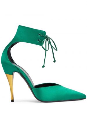 Сатенени полуотворени обувки с връзки с дантела Gucci зелено