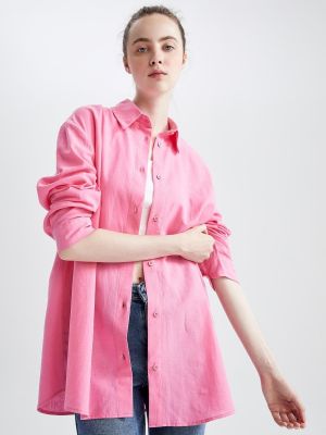 Льняная рубашка с длинным рукавом оверсайз Defacto розовая