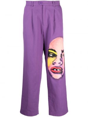 Bombažne ravne hlače iz rebrastega žameta s potiskom Kidsuper vijolična