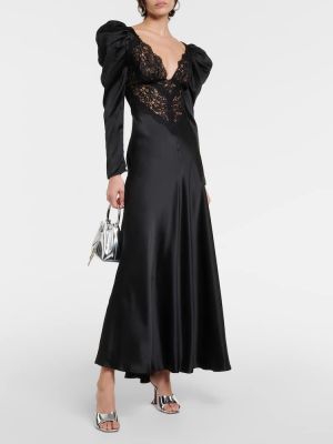 Svilena dolga obleka s čipko Rodarte črna