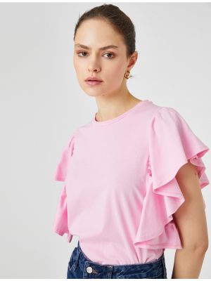 Bavlněné tričko s volány Koton růžové