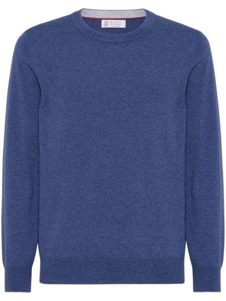 Кашмирен дълъг пуловер с кръгло деколте Brunello Cucinelli синьо